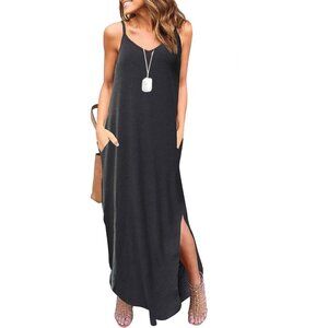 Women's Summer Casual Sleeveless V Neck Strappy Split Loose Maxi Dress